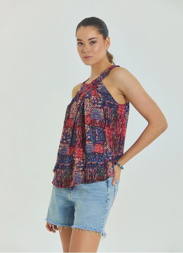 Halter Neck Button Detail Pleated Red Ethnic Blouse 4678
